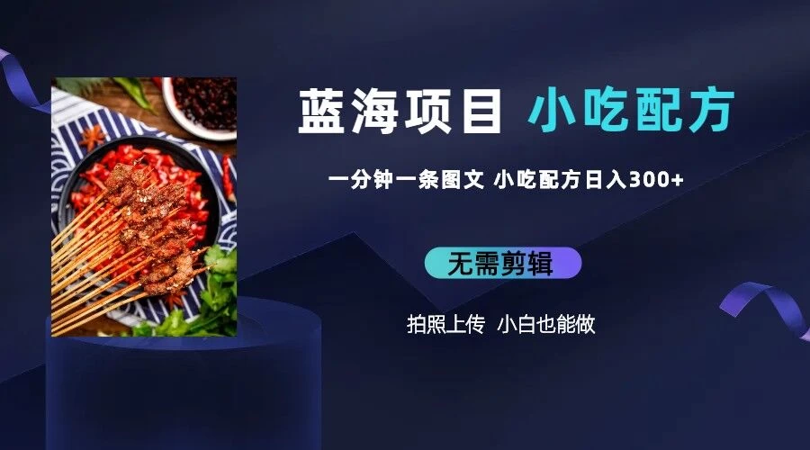 最新蓝海项目，小白专享，一分钟一条图文，日入400+小吃配方也能赚大钱-老K资源网