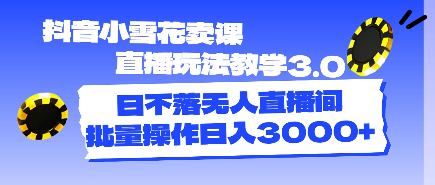 抖音小雪花卖课直播玩法教学3.0，日不落无人直播间，批量操作日入3000+-老K资源网