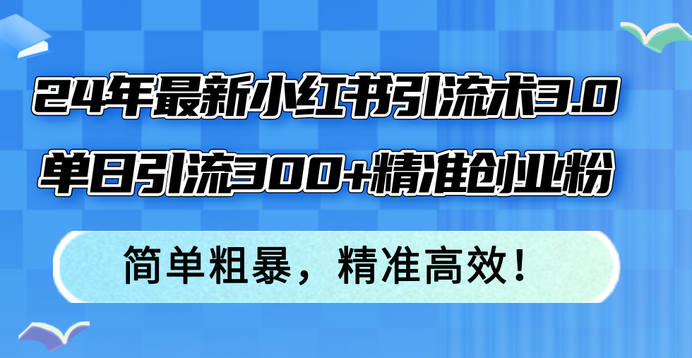 24年最新小红书引流术3.0，单日引流300+精准创业粉，简单粗暴，精准高效！-老K资源网