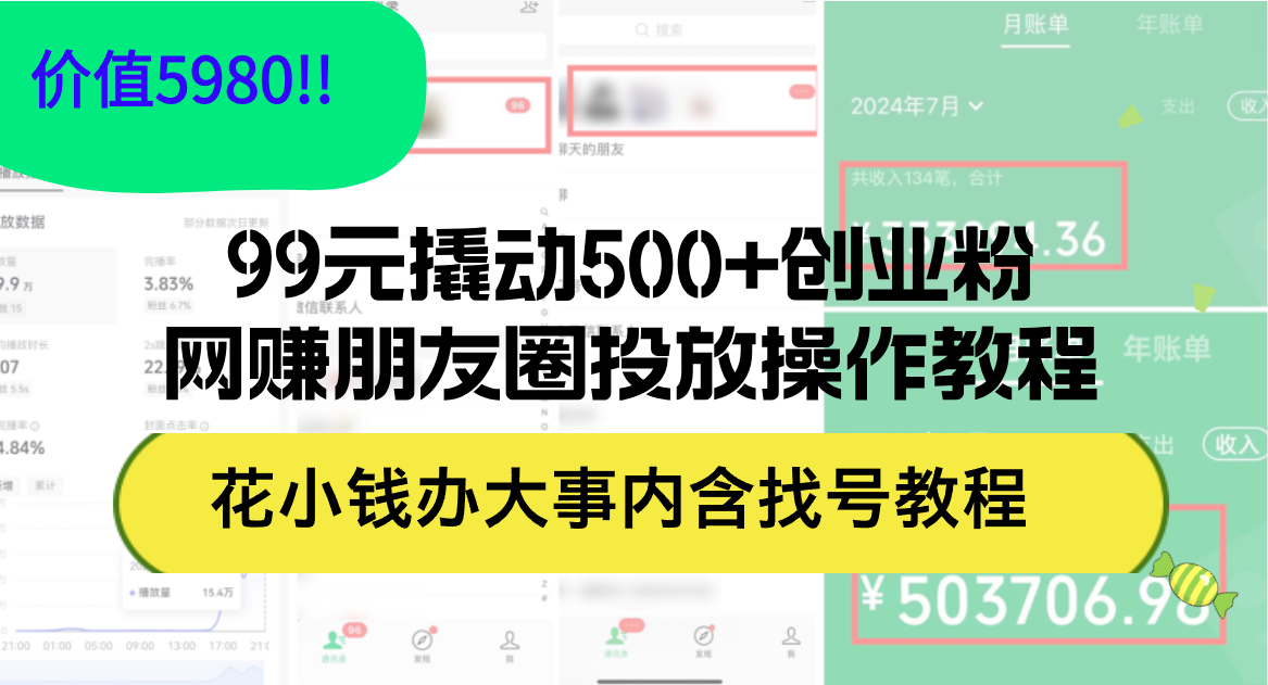 99元撬动500+创业粉，网赚朋友圈投放操作教程价值5980！花小钱办大事内…-老K资源网