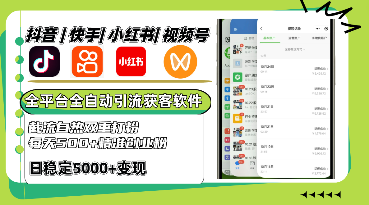 抖音快手小红书视频号全平台全自动引流获客系统，截流自热双重打粉，每天500+精准粉-老K资源网