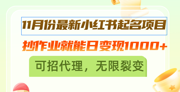 11月份最新小红书起名项目，抄作业就能日变现1000+，可招代理，无限裂变-老K资源网