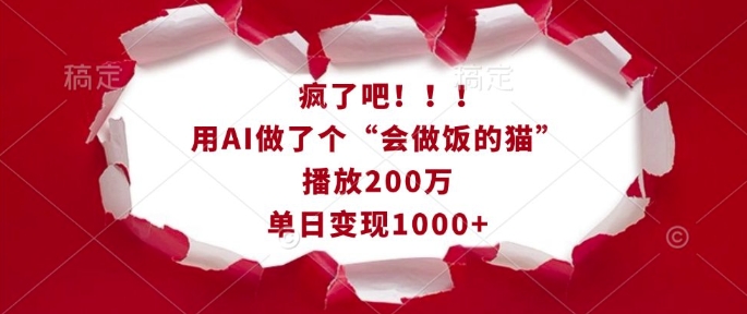 疯了吧！用AI做了个“会做饭的猫”，播放200万，单日变现1k-老K资源网