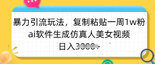 暴力引流玩法，复制粘贴一周1w粉，ai软件生成仿真人美女视频，日入多张-老K资源网