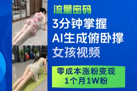 3分钟掌握AI生成俯卧撑女孩视频，零成本涨粉变现，1个月1W粉-老K资源网