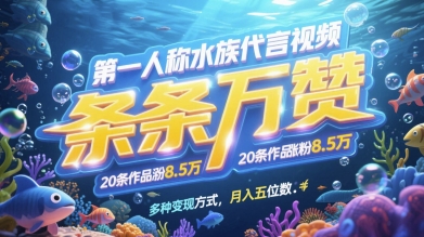 第一人称水族代言视频，条条万赞，20条作品涨粉7.8W，多种变现方式月入五位数-老K资源网