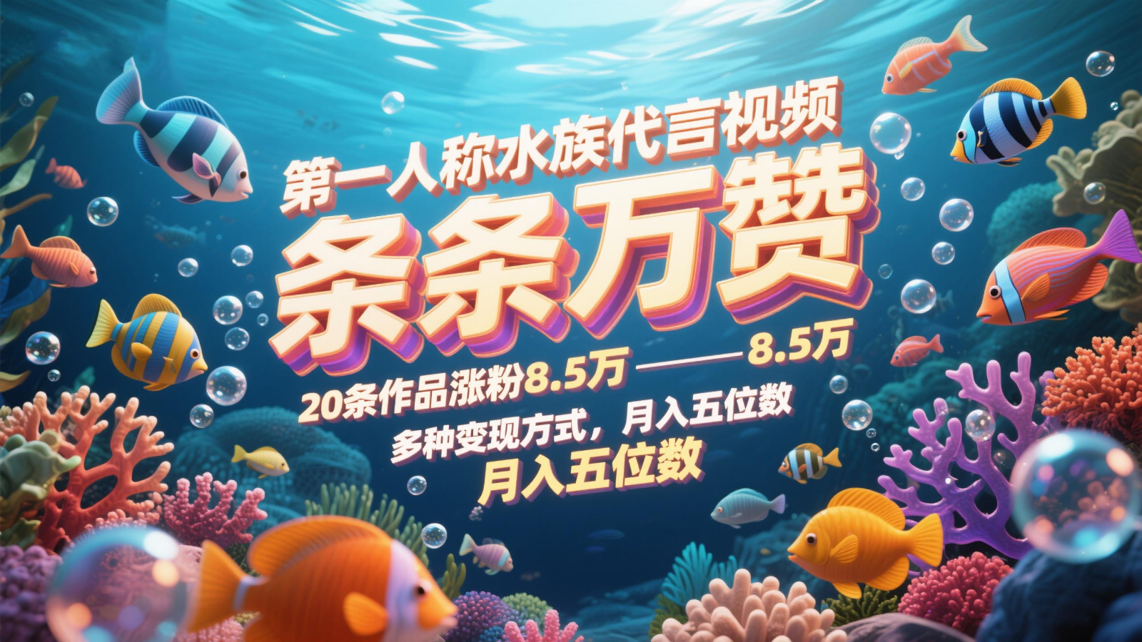 第一人称水族代言视频，条条万赞，20条作品涨粉8.5万，多种变现方式月，入五位数-老K资源网