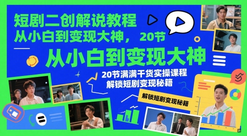 短剧二创解说教程，从小白到变现大神，20节满满干货实操课程，解锁短剧变现秘籍-老K资源网