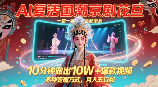 AI复活国潮京剧花旦，一颦一笑美到窒息，10分钟做出10W+爆款视频，多种变现方式，月入五位数-老K资源网