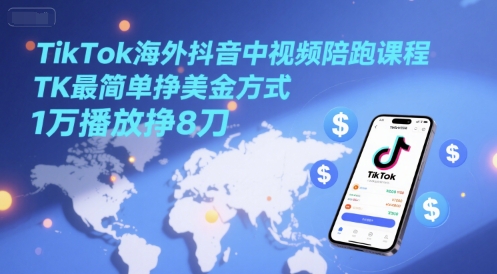 TikTok海外抖音中视频陪跑课程，TK最简单挣美金方式，1万播放挣8刀-老K资源网