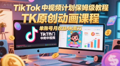 TikTok中视频计划保姆级教程，TK原创动画课程，单账号月收益4k美刀-老K资源网