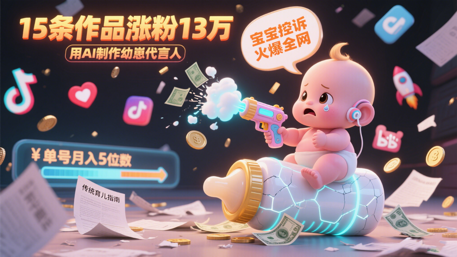 用AI制作幼崽代言人，宝宝的控诉火爆全网，15条作品涨粉13万，单号月入5位数实操教程-老K资源网