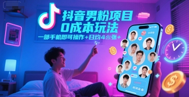 抖音男粉项目0成本玩法，一部手机即可操作，日均4张+，时间自由-老K资源网