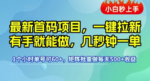 最新首码项目，一键拉新有手就能做，几秒钟一单，1个小时单号可60+，矩阵批量做每天5张-老K资源网