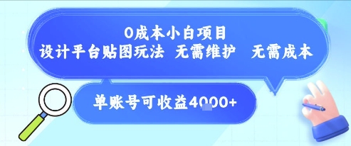 0成本小白项目，设计平台贴图玩法，无需维护，无需成本，单账号单月可产生收益4k+-老K资源网