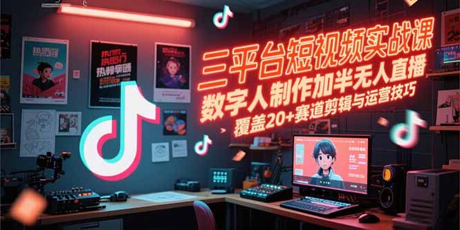 三平台短视频实战课，数字人制作加半无人直播，覆盖20+赛道剪辑与运营技巧-老K资源网