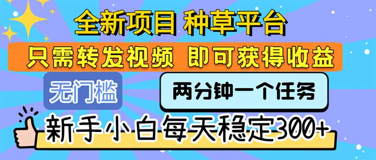 全新项目 种草平台 只需要转发任务视频 即可获得收益 新手小白每天300+-老K资源网