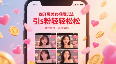 四开屏美女视频玩法，引s粉轻轻松松，暴力掘金，手机操作-老K资源网