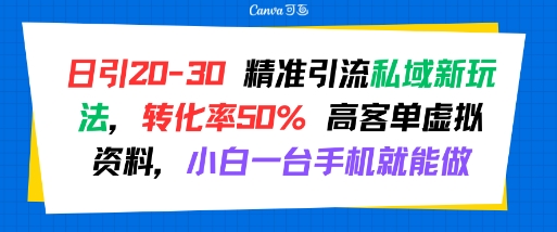 日引 20-30 精准引流私域新玩法，转化率50% 高客单虚拟资料，小白一台手机就能做-老K资源网