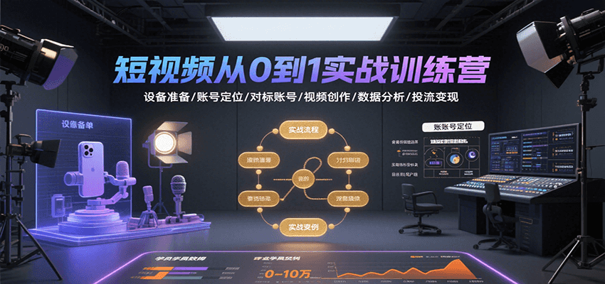 短视频从0到1实战训练营：设备准备/账号定位/对标账号/视频创作/数据分析/投流变现-老K资源网
