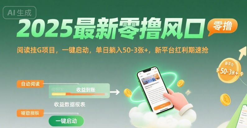 2025最新零撸风口，阅读挂G项目，一键启动，单日躺入 50-3张+，新平台红利期速抢-老K资源网