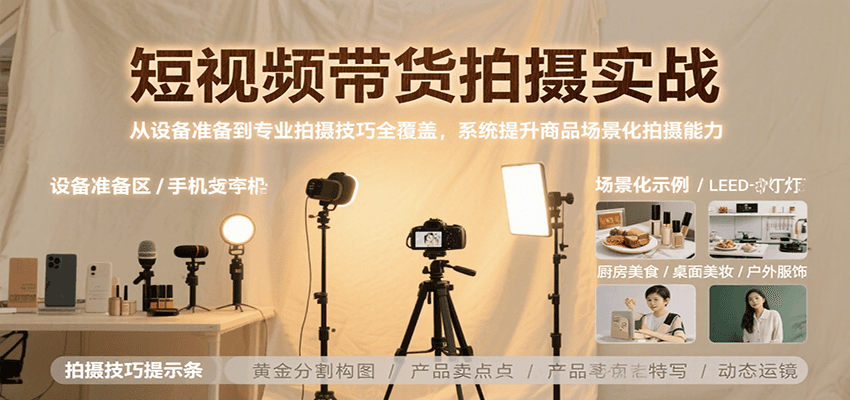 短视频带货拍摄实战，从设备准备到专业拍摄技巧全覆盖，系统提升商品场景化拍摄能力-老K资源网