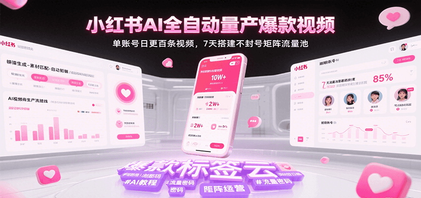 小红书AI全自动量产爆款视频，单账号日更百条视频，7天搭建不封号矩阵流量池-老K资源网