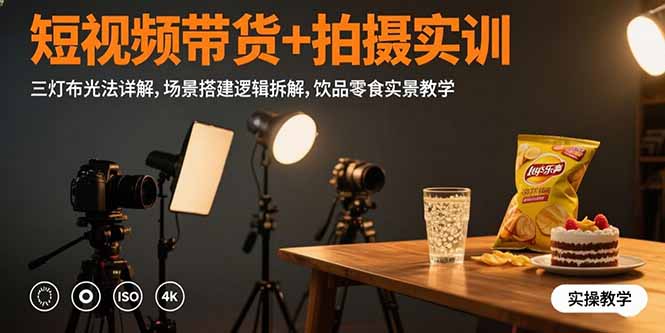 短视频带货+拍摄实训：三灯布光法详解,场景搭建逻辑拆解,饮品零食实景教学-老K资源网