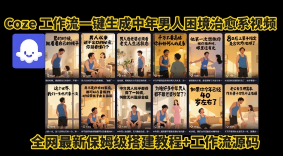coze工作流一键生成”中年男人困境扎心高涨粉高播放量图文视频”保姆级拆解教程，无需剪辑，无需拍摄写文案-老K资源网