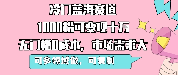 冷门蓝海赛道，1000粉可变现十W，无门槛0成本，市场需求大，可多领域做，可复制性强-老K资源网