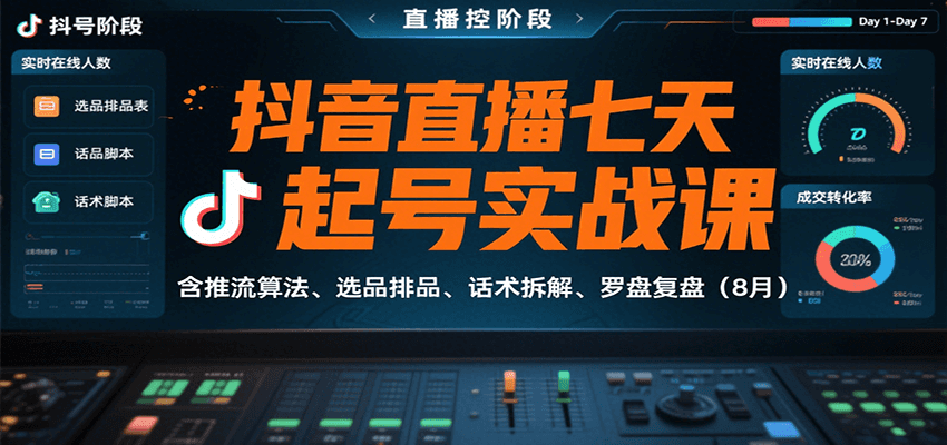 抖音直播七天起号实战课：含推流算法、选品排品、话术拆解、罗盘复盘（8月）-老K资源网