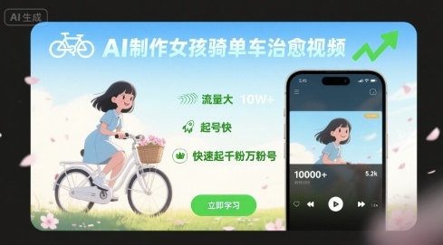 AI制作女孩骑单车治愈视频，流量大，起号快，快速起千粉万粉号-老K资源网