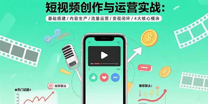 短视频创作与运营实战：基础搭建/内容生产/流量运营/变现闭环/4大核心模块-老K资源网