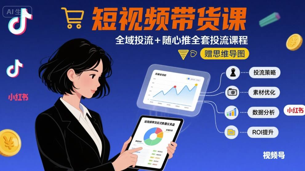 最新短视频带货课，全域投流+随心推全套投流课程+思维导图-老K资源网