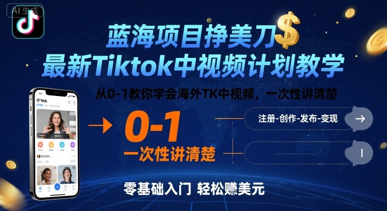蓝海项目挣美刀，最新Tiktok中视频计划教学，从0-1教你学会海外TK中视频，一次性讲清楚-老K资源网