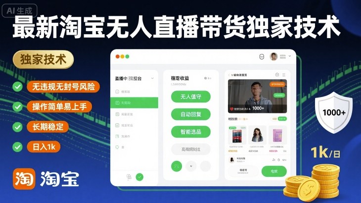 最新淘宝无人直播带货独家技术，无违规无封号风险，操作简单易上手，长期稳定日入1k-老K资源网
