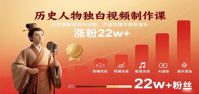 历史人物独白视频制作课，从剪辑配音到AI出图，声音克隆与背景音乐，涨粉22w+-老K资源网