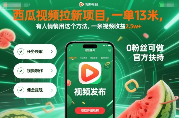 西瓜视频拉新项目，一单13米，有人悄悄用这个方法，一条视频收益2.5w+（附详细教程）-老K资源网