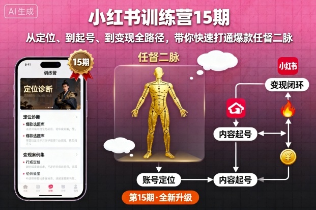 小红书训练营15期，从定位、到起号、到变现全路径，带你快速打通爆款任督二脉-老K资源网