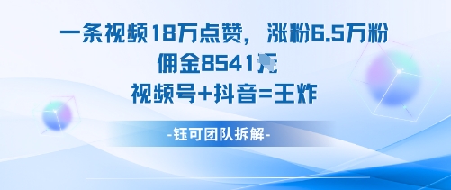 一条视频18W点赞，涨粉6.5W粉佣金8541米，视频号+抖音=王炸-老K资源网