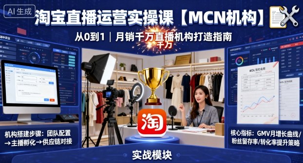 淘宝直播运营实操课【MCN机构】，从0到1做一家月销千W的直播机构-老K资源网