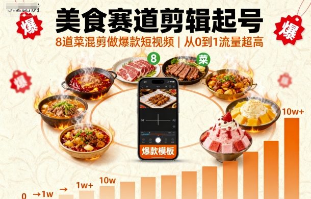 美食赛道剪辑起号，8道菜混剪做爆款短视频，从0到1，流量超高-老K资源网