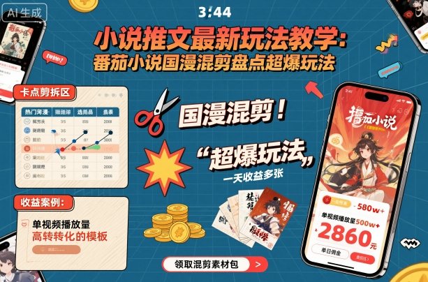 小说推文最新玩法教学，番茄小说国漫混剪盘点超爆玩法，全程干货，一天收益多张-老K资源网