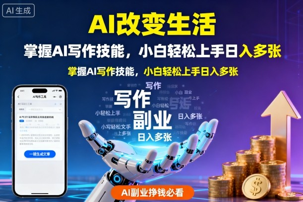 AI改变生活，掌握AI写作技能，小白轻松上手日入多张，AI副业挣钱必看-老K资源网