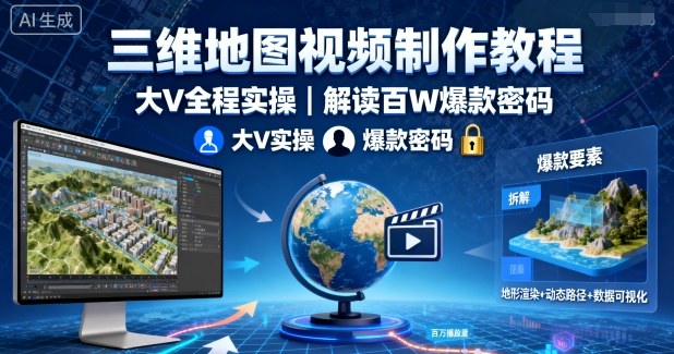 三维地图视频制作教程，大V全程实操，解读百W爆款密码-老K资源网