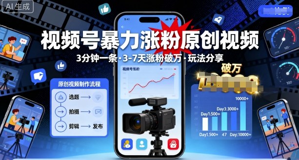 视频号暴力涨粉原创视频，3分钟一条原创视频，3-7天涨粉破万，玩法分享给你-老K资源网