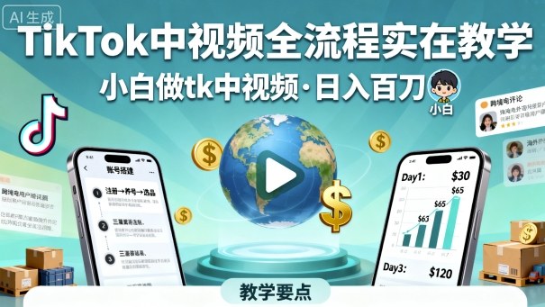 TikTok中视频全流程实操教学，小白做tk中视频，日入百刀-老K资源网
