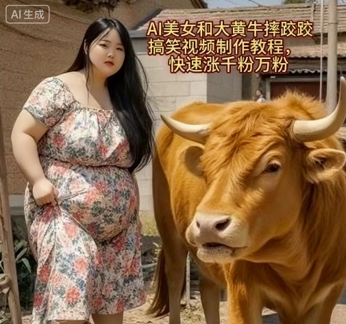 AI美女和大黄牛摔跤搞笑荒诞视频制作教程，快速涨千粉万粉-老K资源网