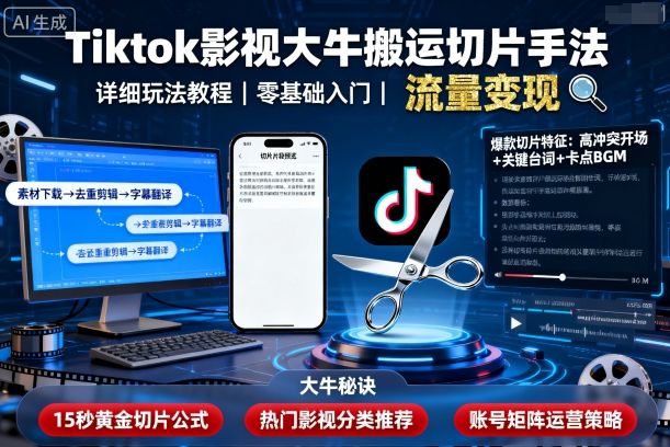 Tiktok影视大牛搬运切片手法，详细玩法教程-老K资源网
