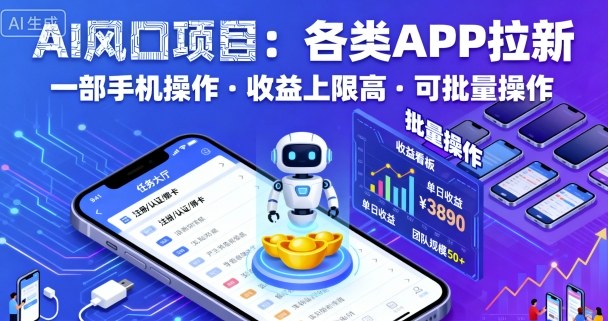 AI风口项目，各类APP拉新，一部手机就可以操作，收益上限高，可批量操作-老K资源网